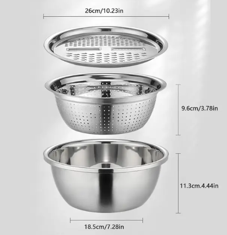Conjunto de 3 Utensílios de Cozinha - Ralador/Fatiador, Escorredor e Bacia