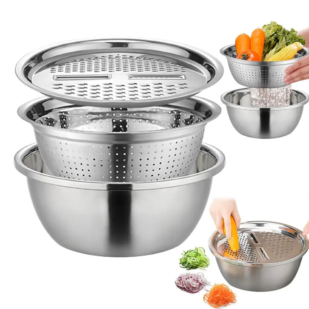 Conjunto de 3 Utensílios de Cozinha - Ralador/Fatiador, Escorredor e Bacia