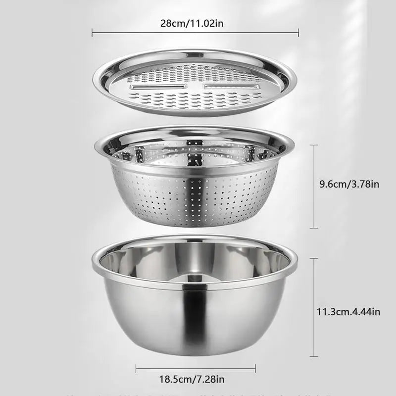 Conjunto de 3 Utensílios de Cozinha - Ralador/Fatiador, Escorredor e Bacia
