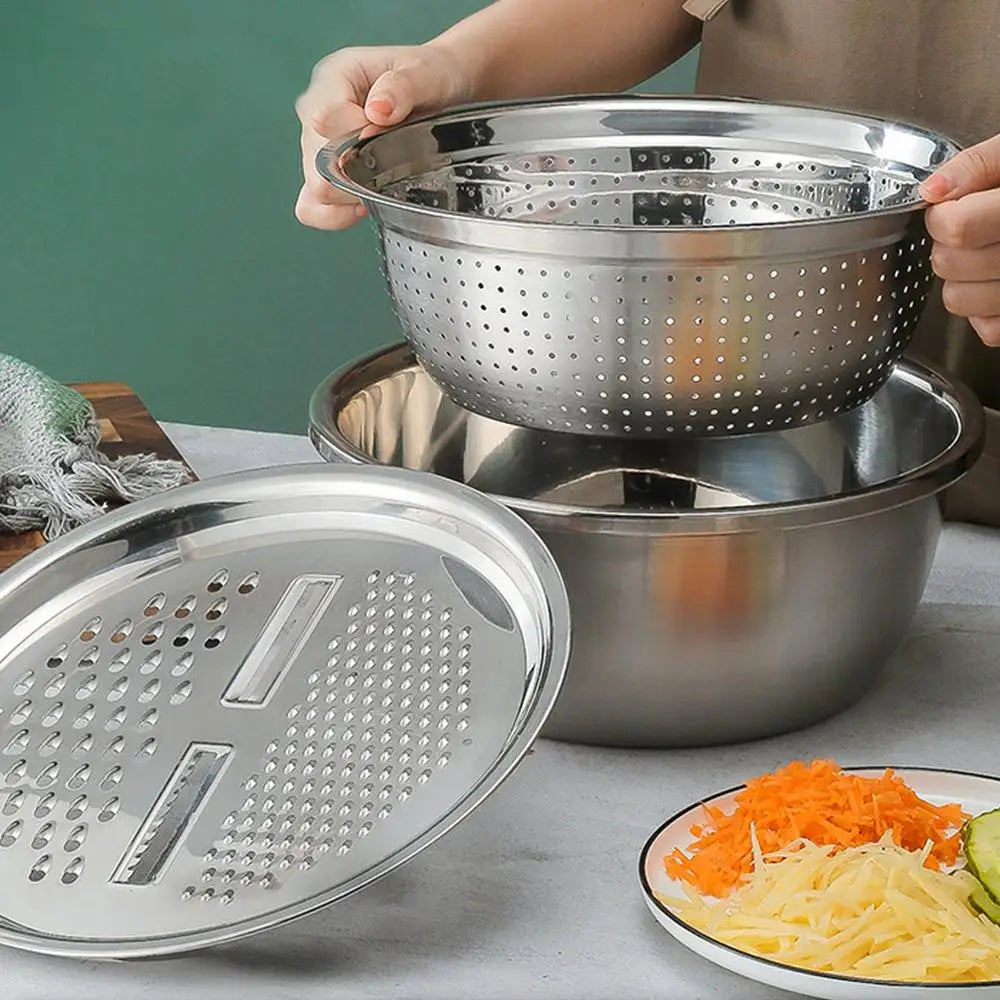 Conjunto de 3 Utensílios de Cozinha - Ralador/Fatiador, Escorredor e Bacia